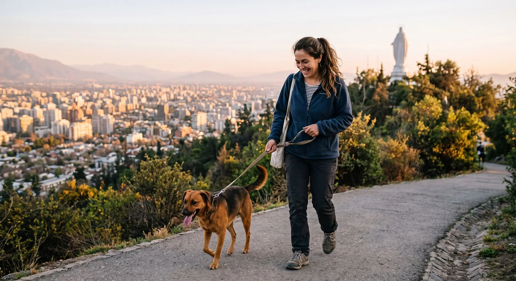 Mujer caminando con su perro en un cerro con vista a Santiago