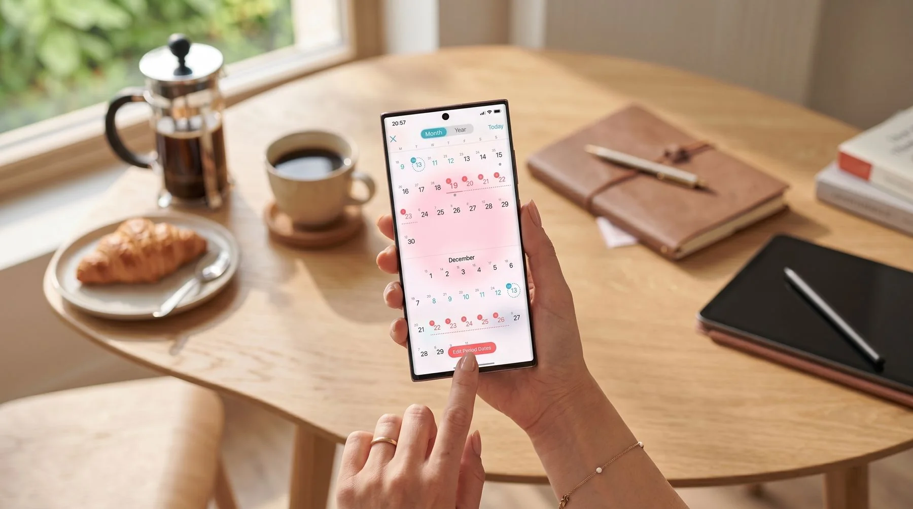Mujer revisando una app de calendario menstrual en su celular