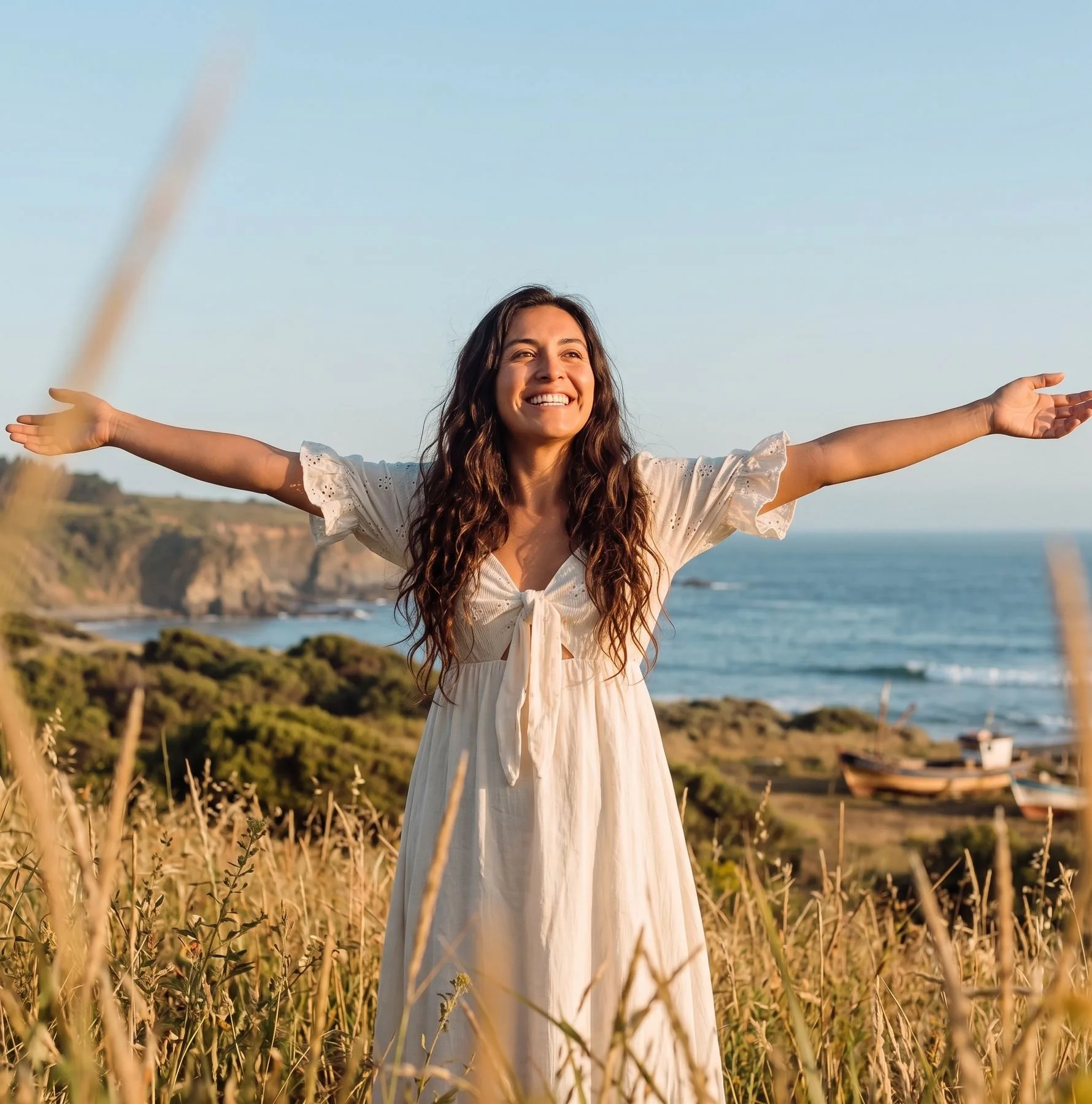 Mujer sintiéndose libre frente al mar
